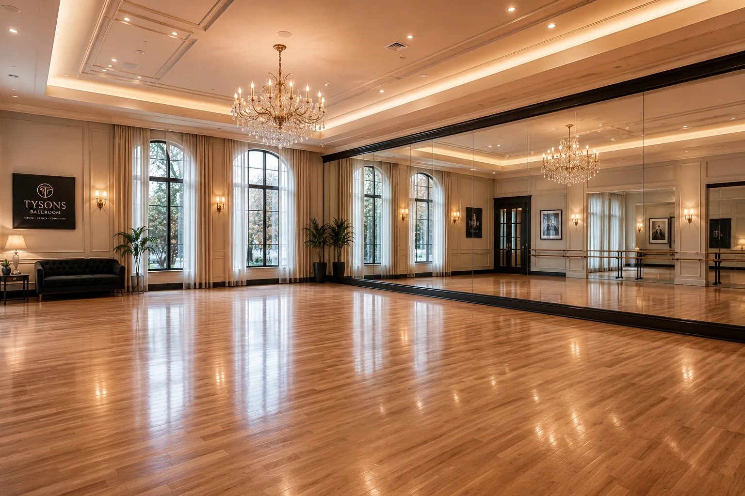 A bright ballroom studio with a wooden dance floor